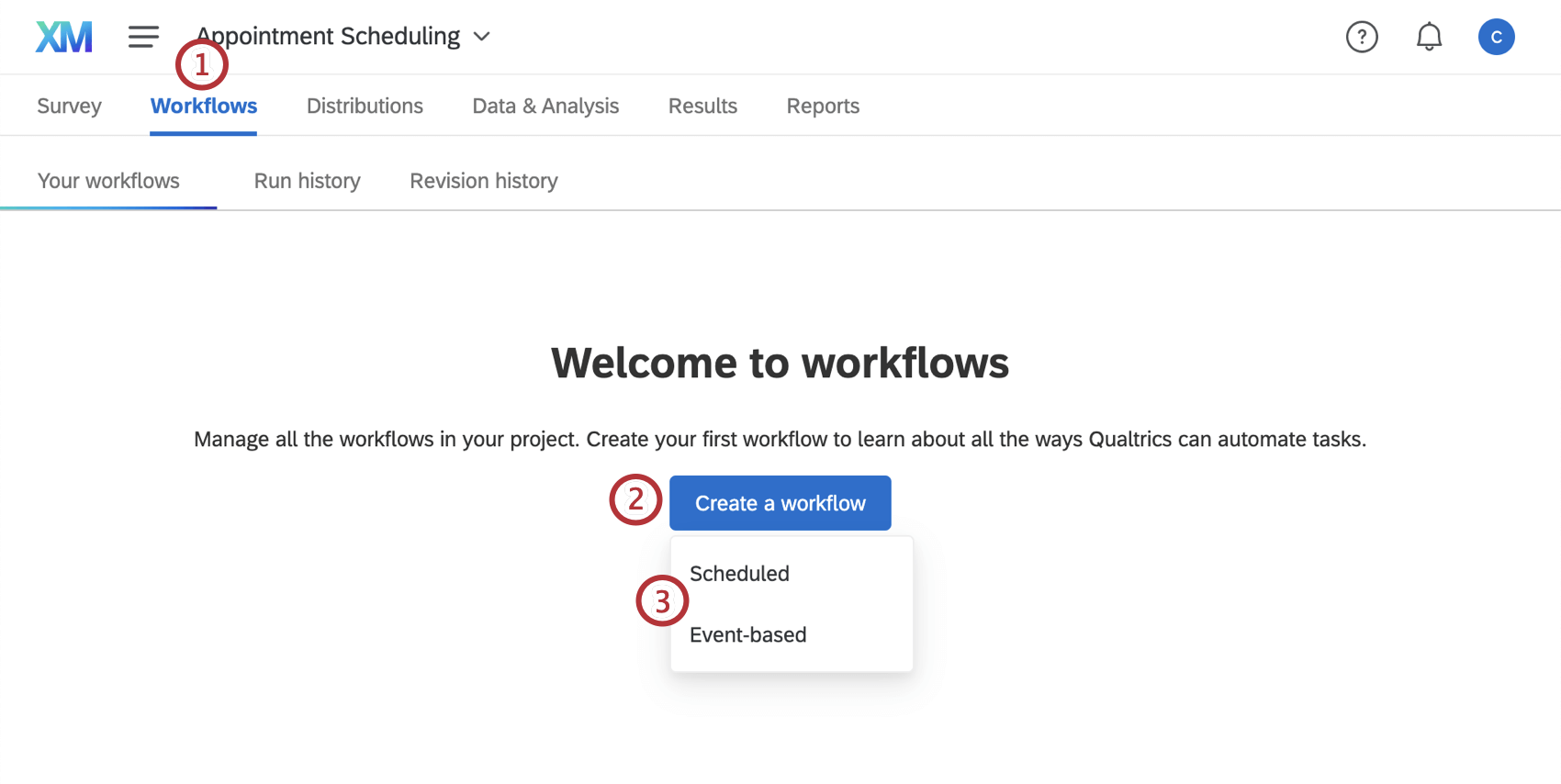 auf der Registerkarte „Workflows“ einer Umfrage einen neuen Workflow anlegen