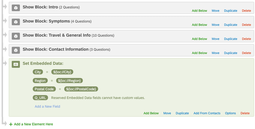 Survey flow open, green embedded data element at the end