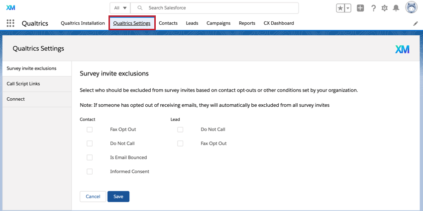 a guia de configurações do qualtrics