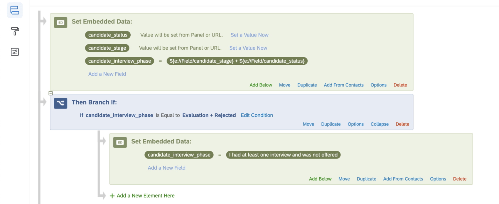 Image of embedded data and branch logic configured in the survey flow