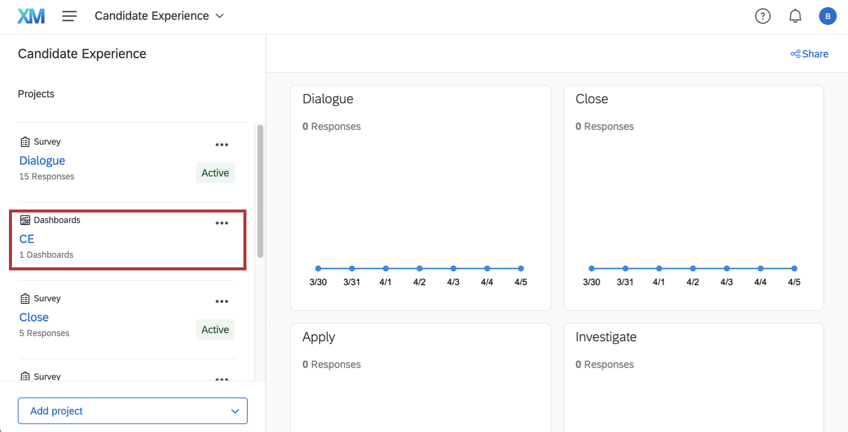 Imagem do programa de experiência do candidato; dashboard selecionado à esquerda