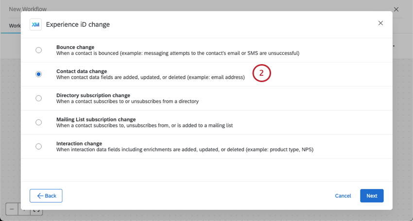 new window where we select the type of Experience ID change to track