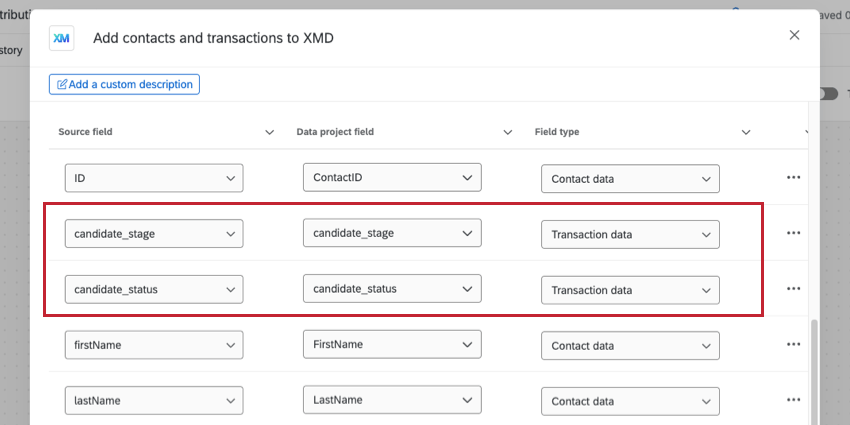 XMDにコンタクトとトランザクションを追加するタスクのステップで、フィールドを設定する。IDや名などのフィールドはコンタクト情報としてマッピングされるが、候補者ステージや候補者ステータスと呼ばれるカスタムフィールドはトランザクションに設定される。