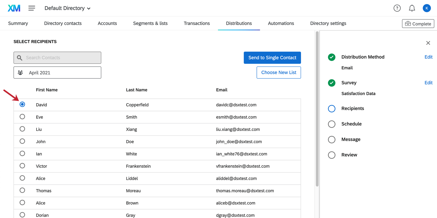 Selection of contacts