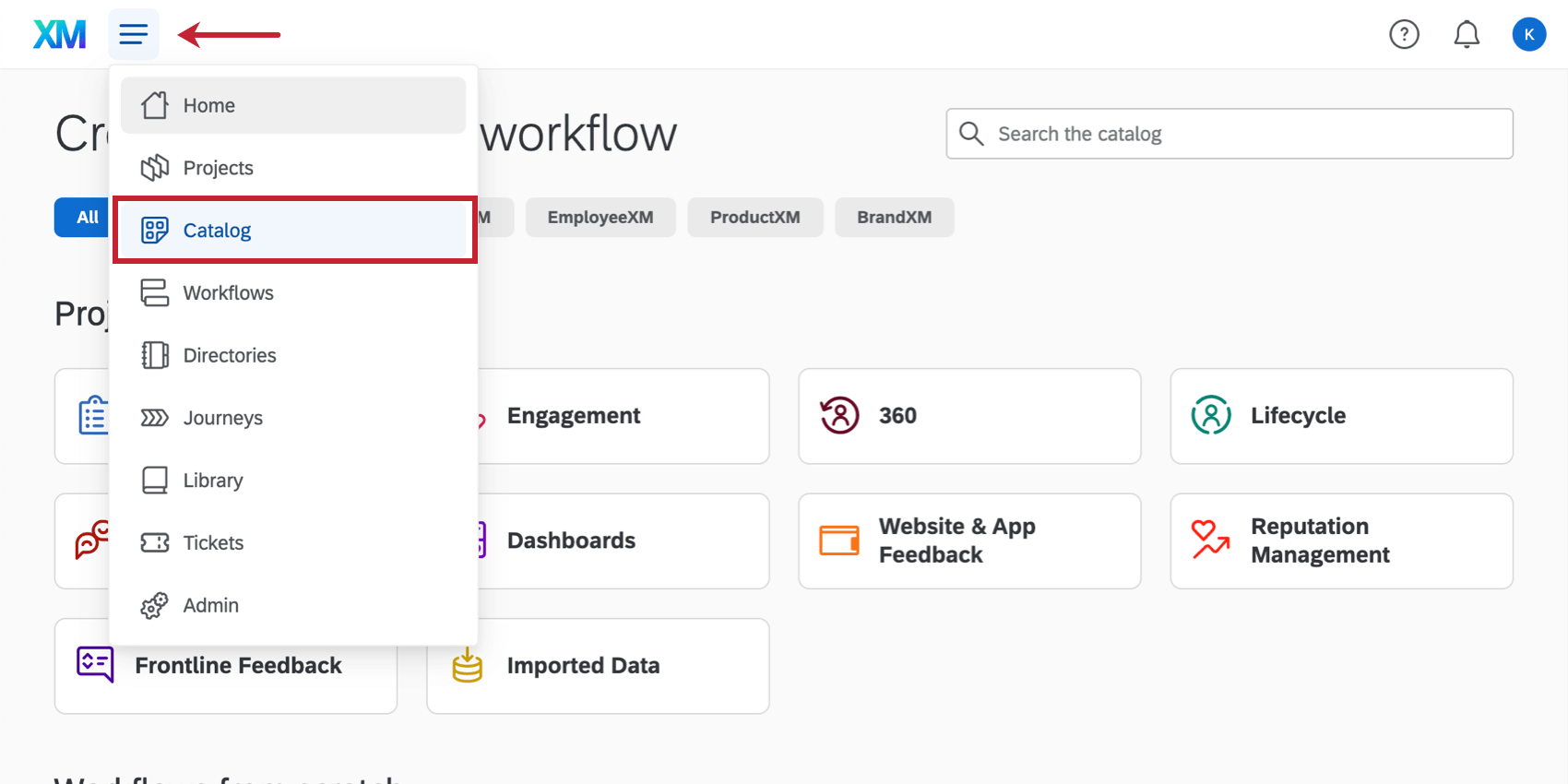 Global navigation is opened and "Catalog" is selected