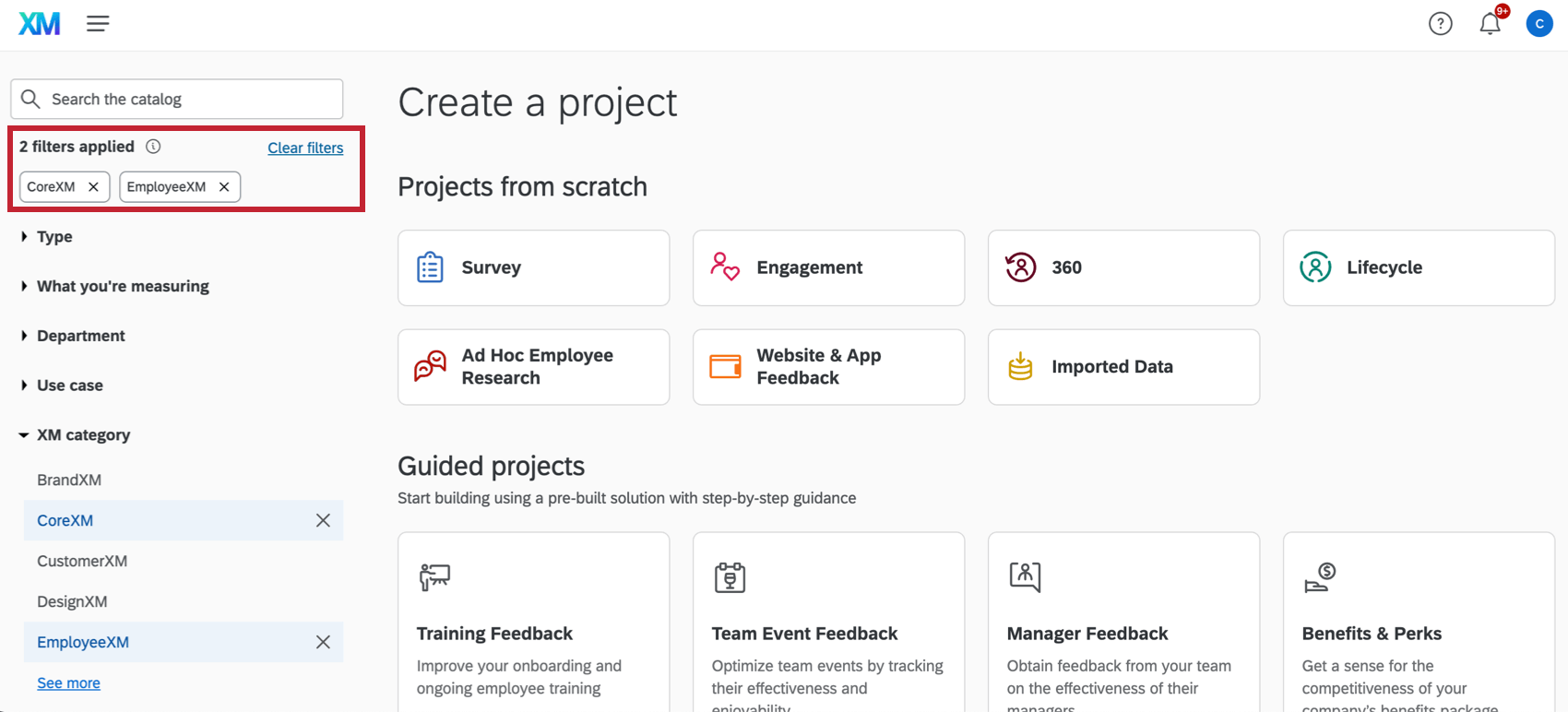 multiple filters selected in the projects catalog