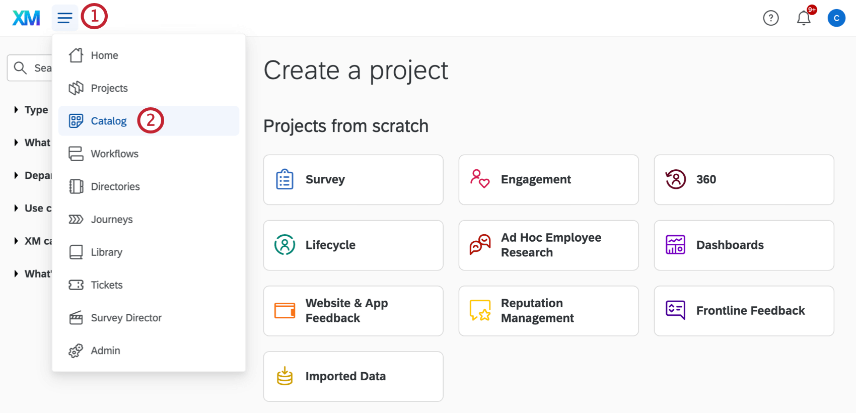 Anzeigen des globalen Navigationsmenüs oben links und der Option Katalog, aufgelistet als drittes