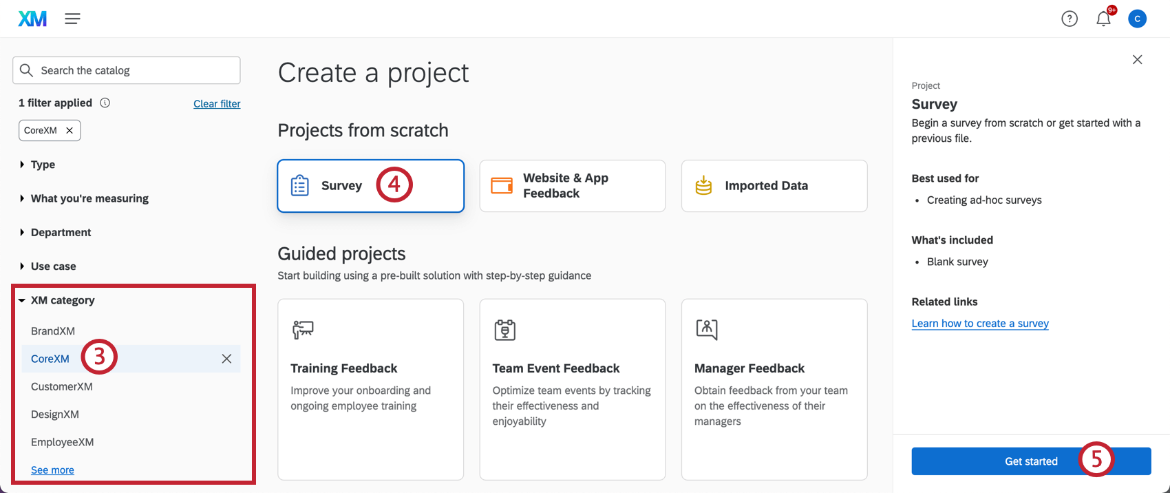 Seleccionar el proyecto de encuesta y hacer clic en comenzar