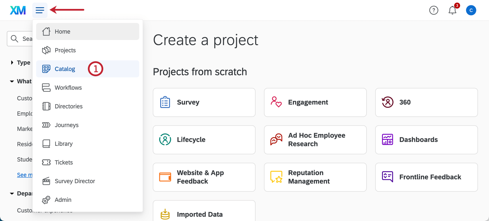 カタログオプションを表示するために XMロゴの横に展開されたグローバルナビゲーションのハンバーガーアイコンの画像