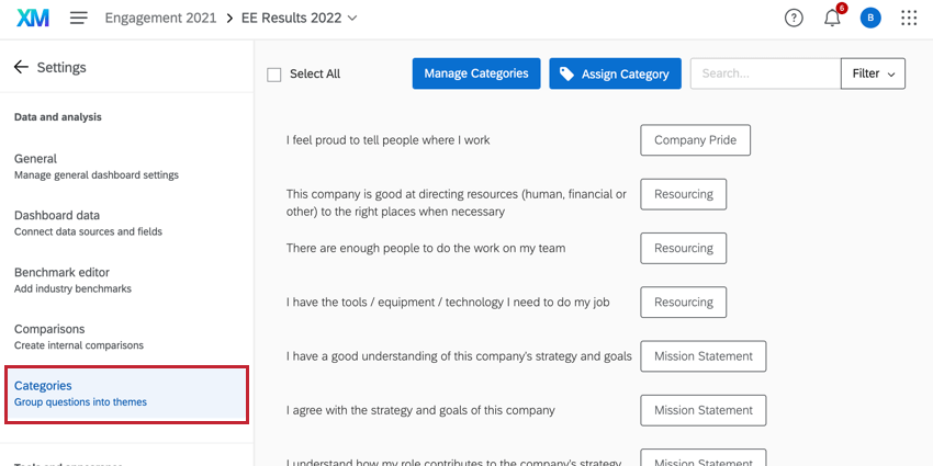 the categories section of dashboard settings