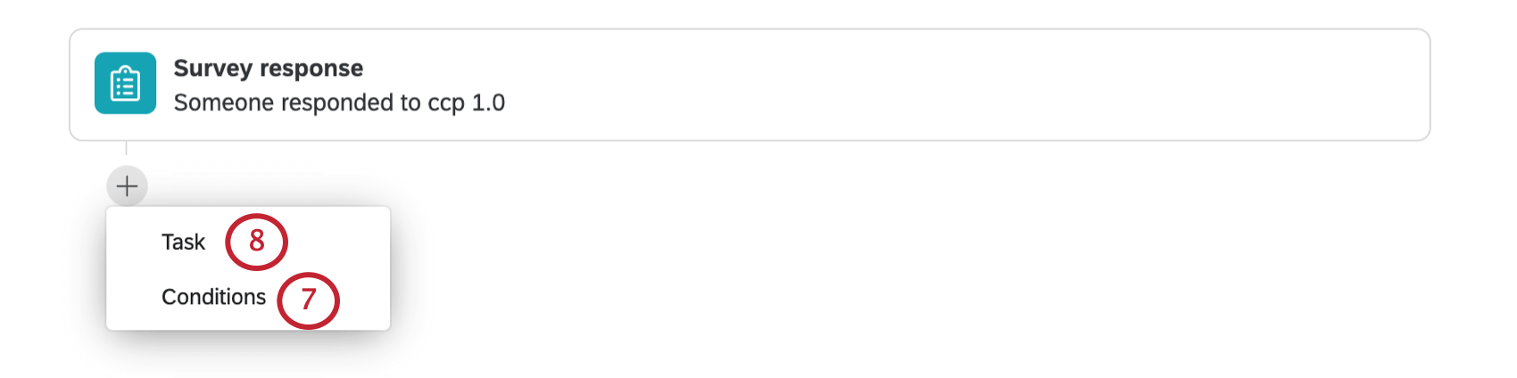 Image of a new action being created - clicking the plus sign, there is a menu with the option for Task and then Conditions