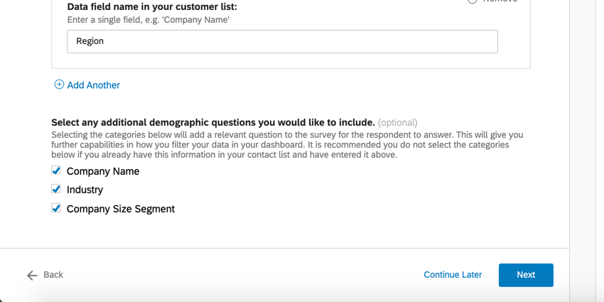 Multiple choice mit Mehrfachantwort mit ausgewähltem Unternehmensname, ausgewählter Branche und ausgewähltem Unternehmensgrößensegment