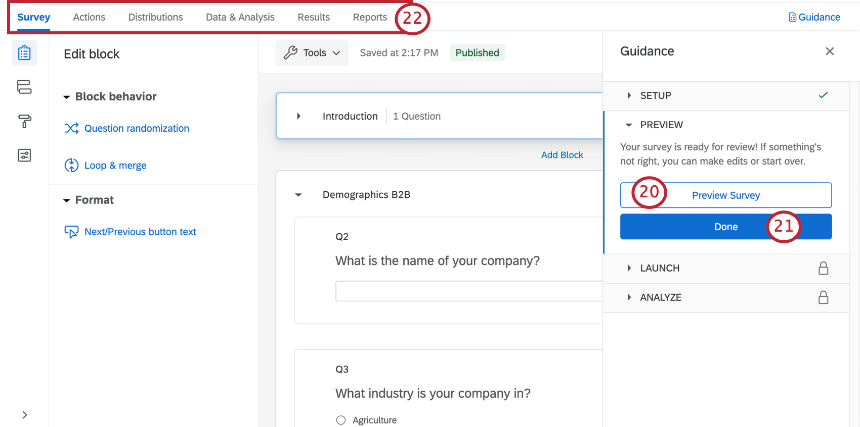 Survey builder open with a guidance sidebar to the right that takes you through key steps
