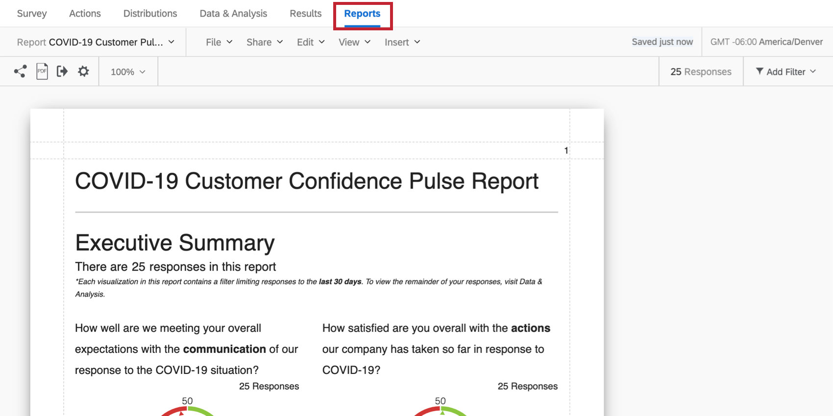 Reports is last tab. Under that, another reports button, to right of Results. Screenshot shows the report