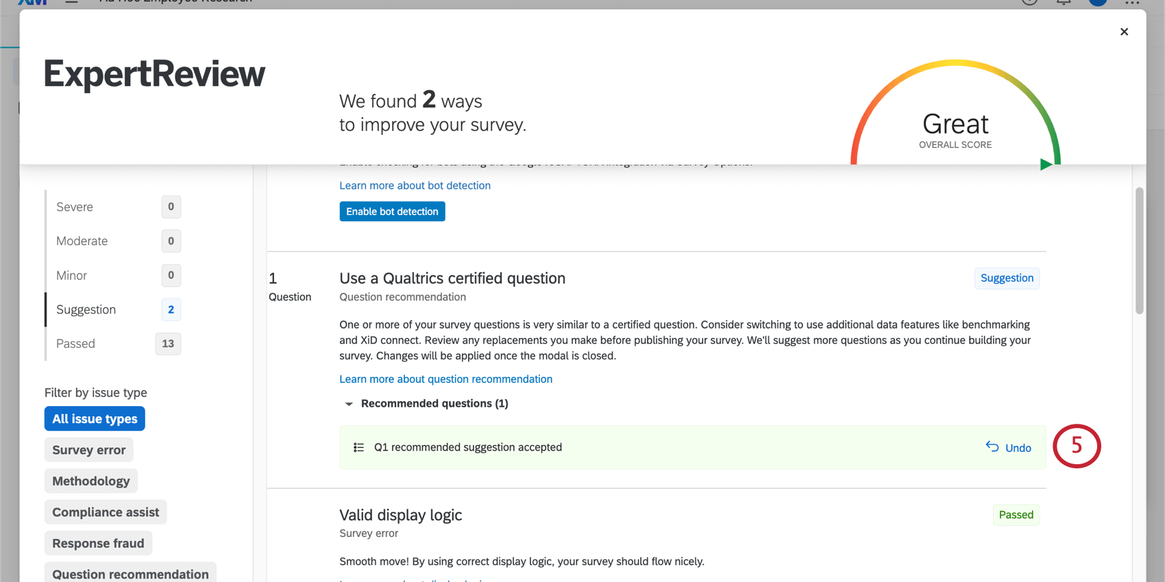 Il messaggio di annullamento appare come un banner verde nel menu