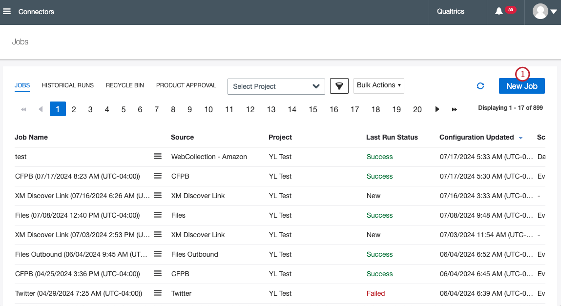 Botón de nuevo trabajo dentro de la pestaña de trabajos