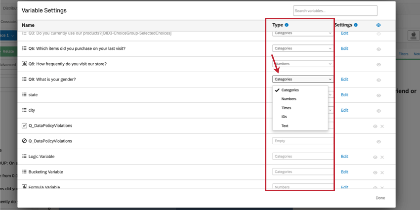 il menu a tendina del tipo per modificare il tipo di variabile
