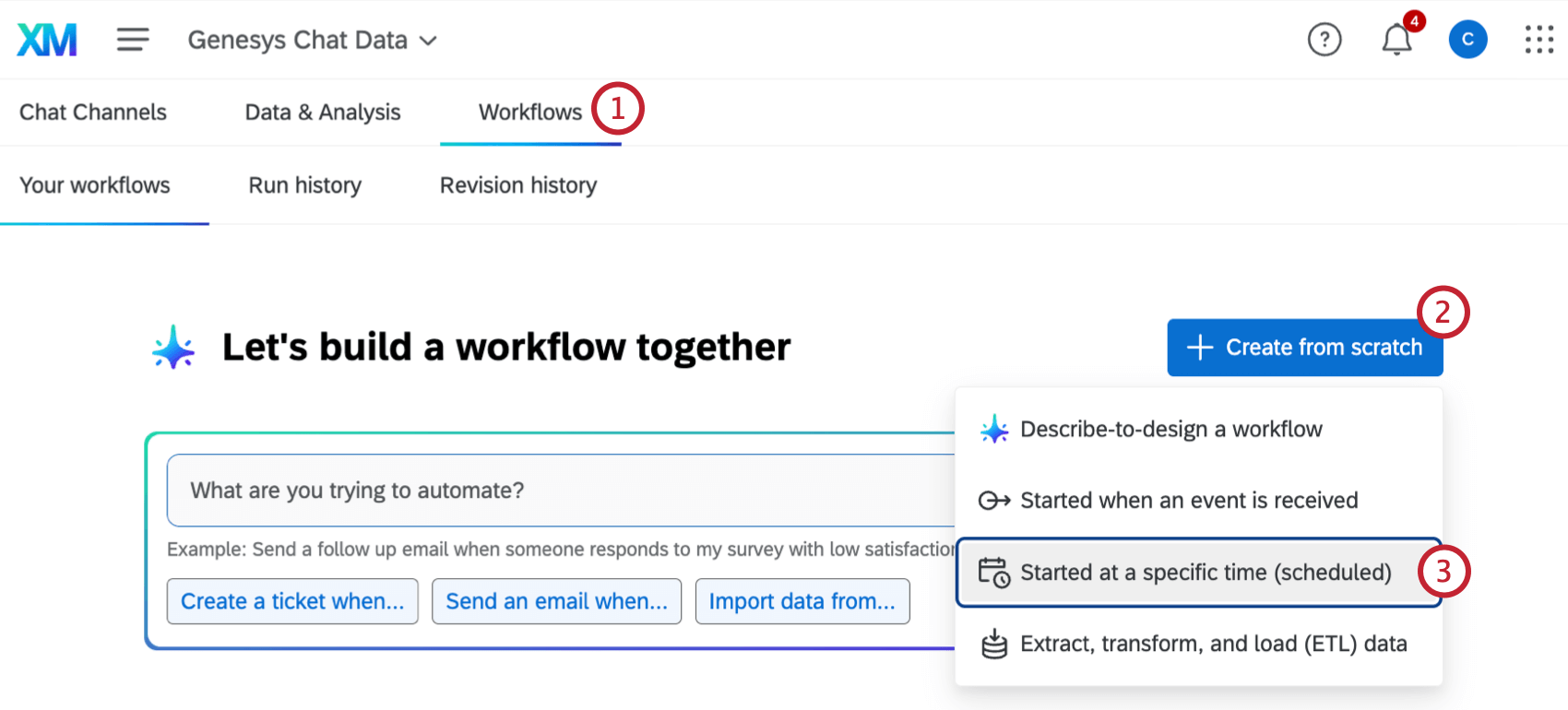 Crear un flujo de trabajo dentro de la pestaña de flujos de trabajo de un proyecto de chat
