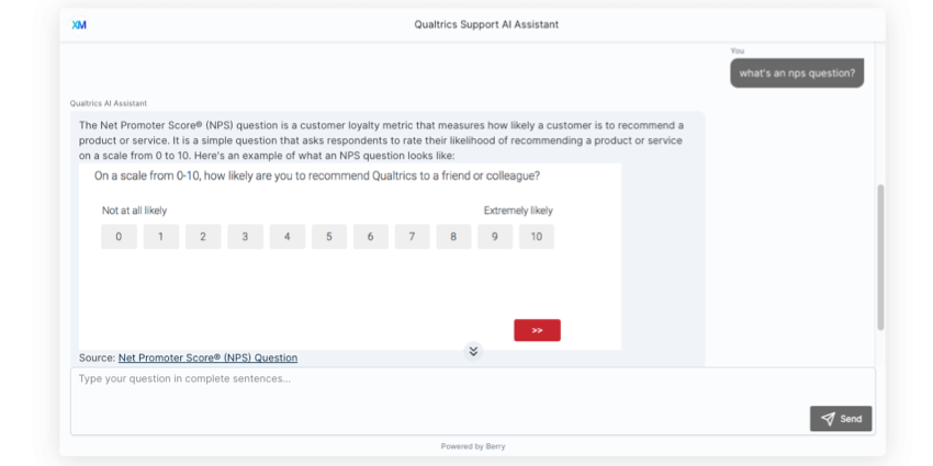 perguntando ao chatbot sobre questões de NPS. ele fornece uma explicação com uma imagem e um link do qualtrics