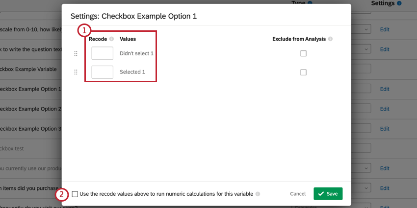 Umkodierungseditor für eine Kontrollkästchenvariable