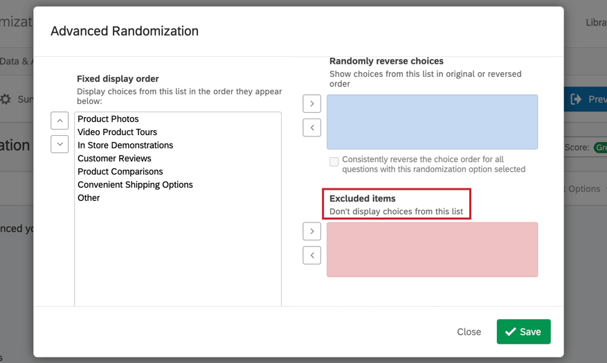 a seção de itens excluídos da randomização avançada