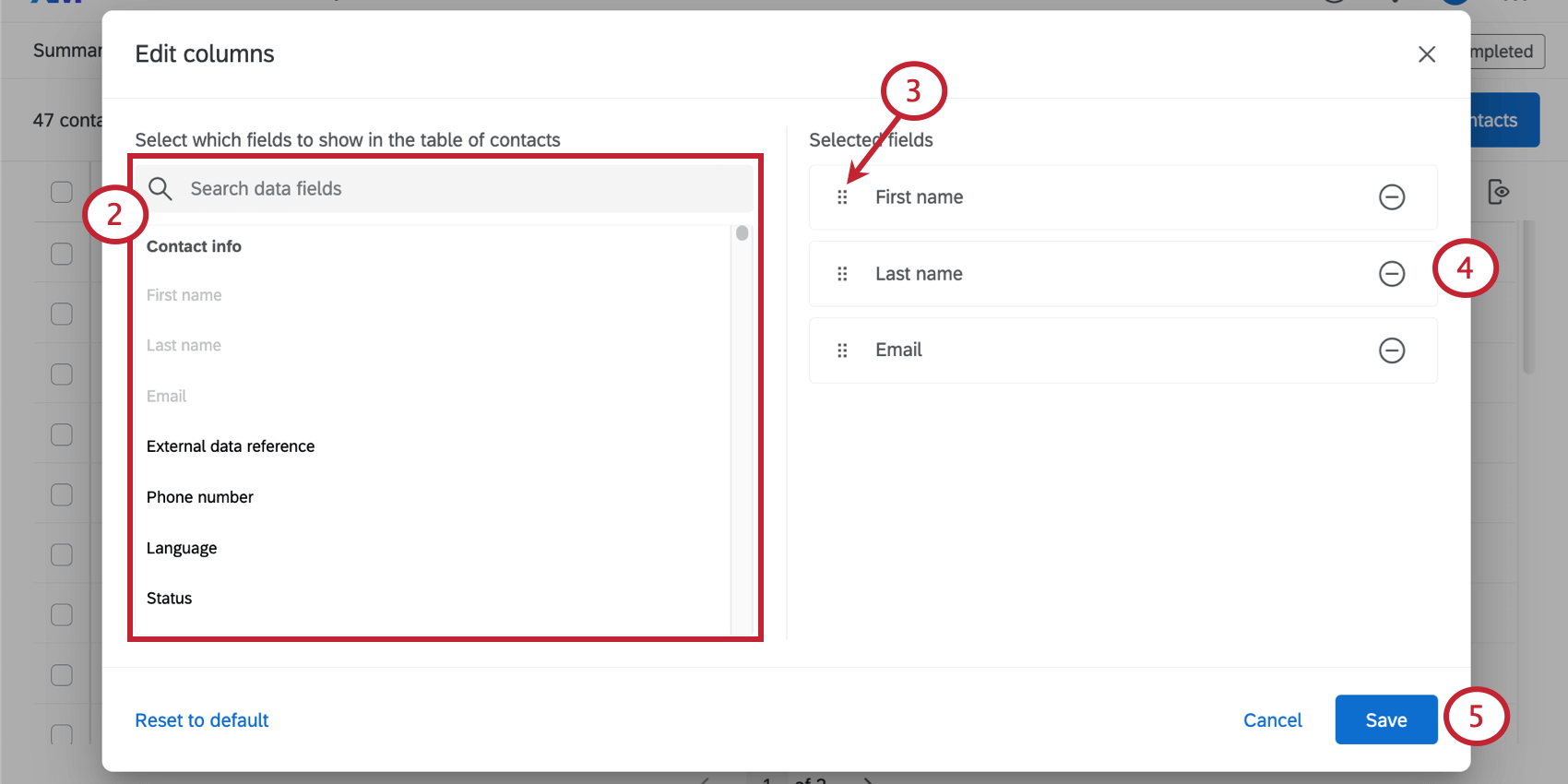Numbering elements - the search bar is to the left, over the list of columns. On the right, on each possible column, buttons for moving up and down and an minus for deletion