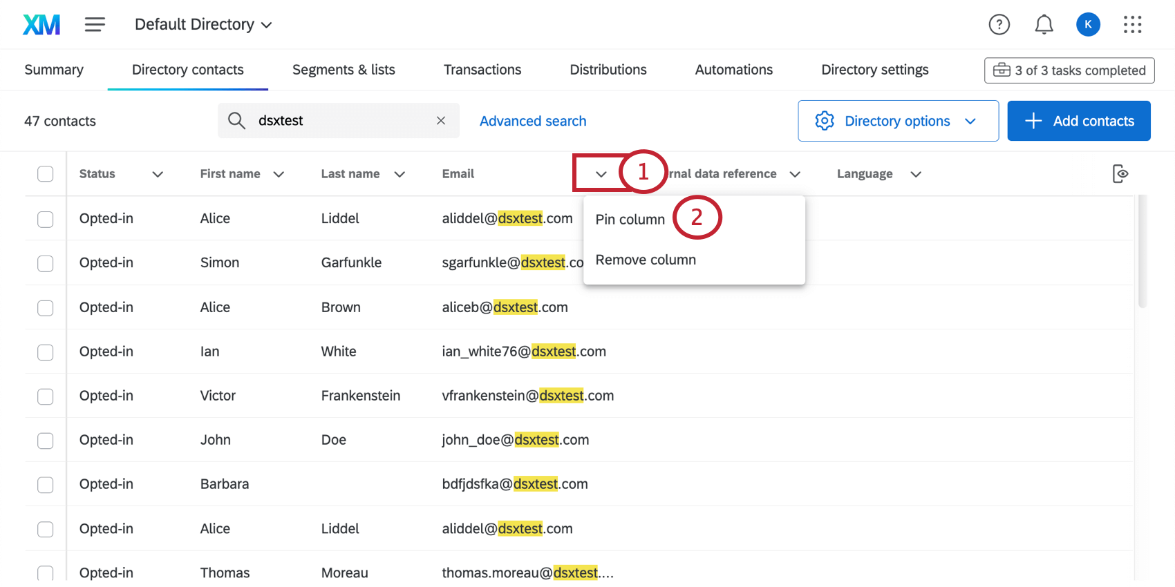 la flèche vers le bas suivant la colonne ouvre un petit menu