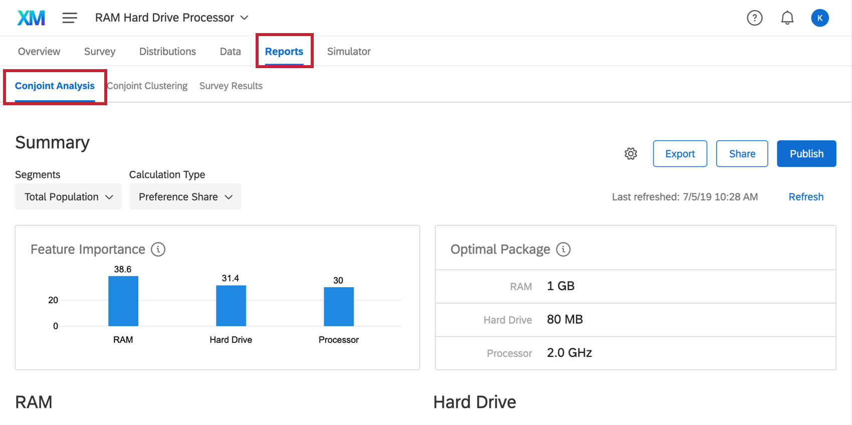 Reports tab is selected along the top, and beneath that conjoint analysis is selected
