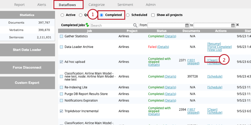 navigating to the completed section of dataflows and clicking Clean