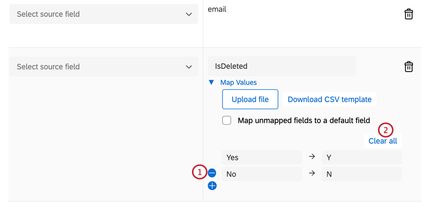Haga clic en el signo menos para eliminar asignaciones individuales o en borrar todo para eliminarlas todas.
