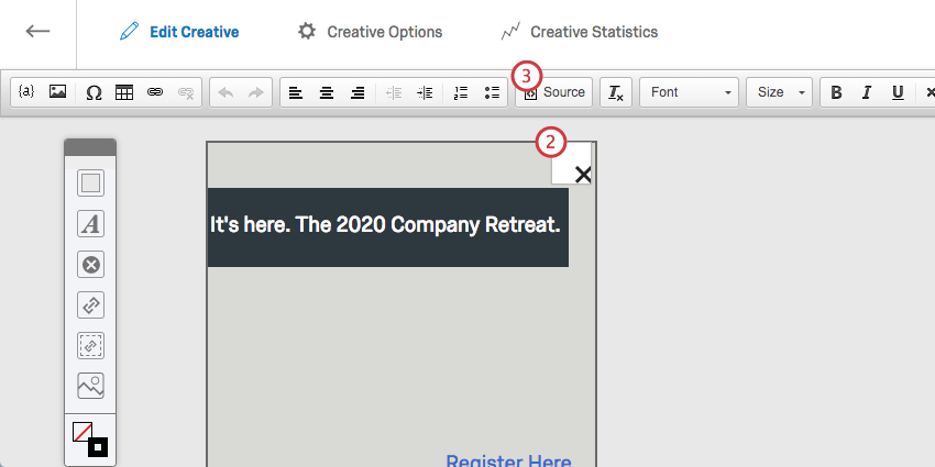 The close button in the Creative editor is double clicked, revealing a new toolbar up top with a Source button in it