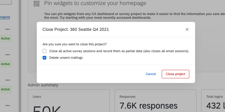 Close project confirmation window