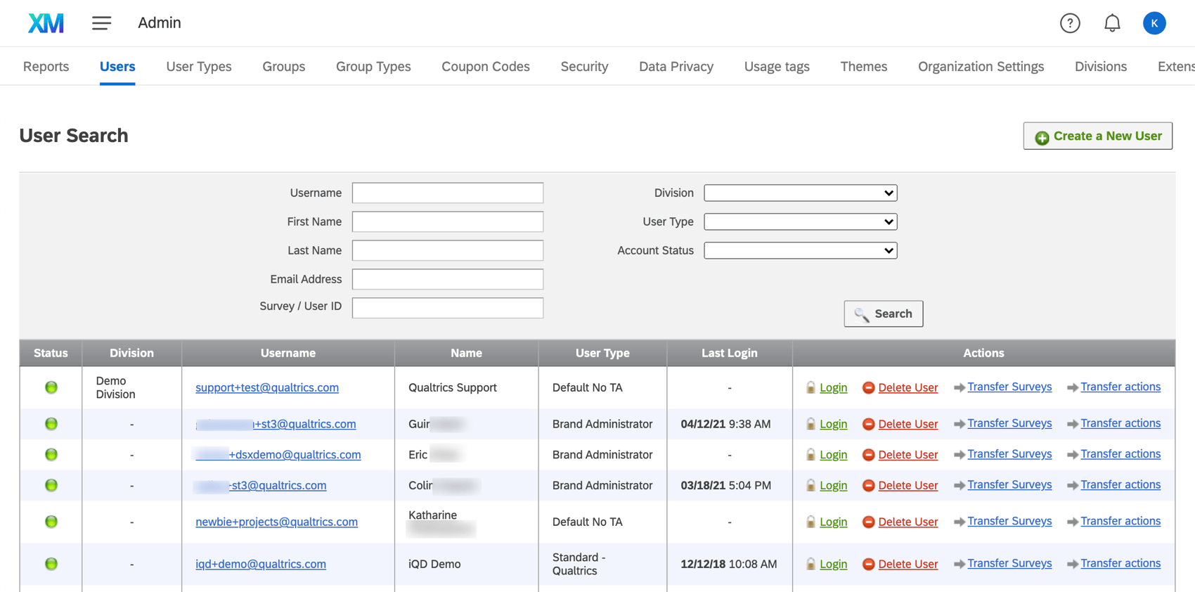 Users tab of the admin page. Shows filter/search for finding users and a list of users in the brand, who you can click to edit