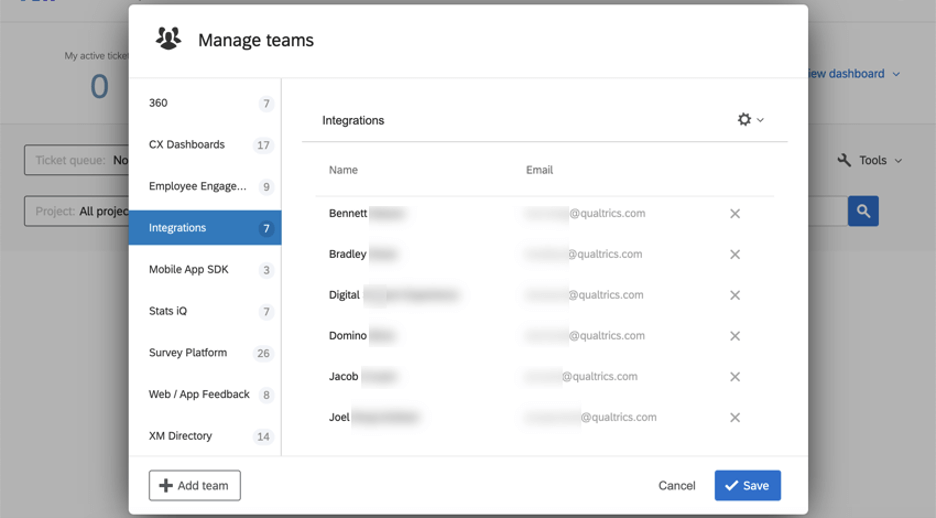 フォローアップページのメニューでチケットチームを編集する。