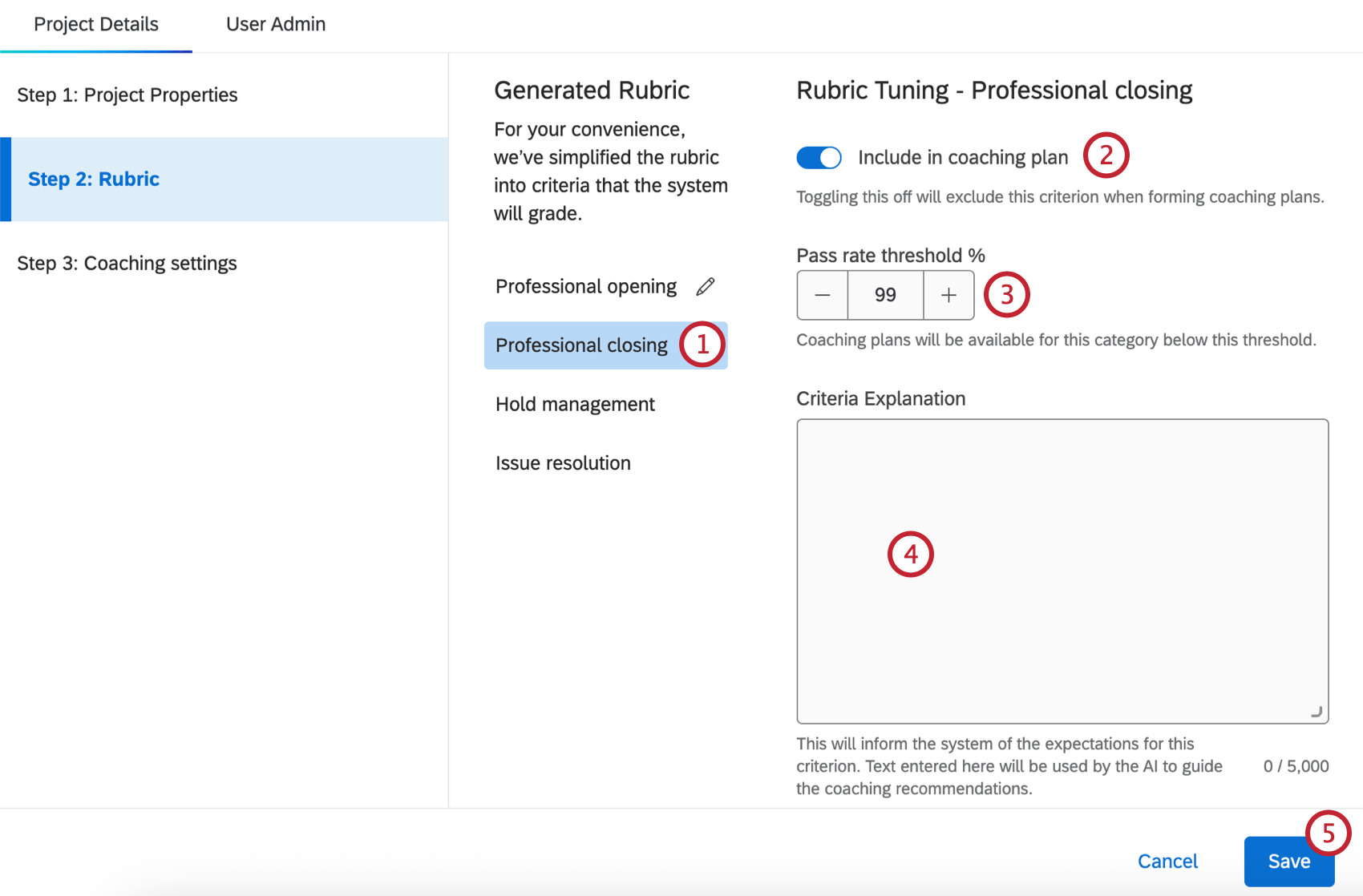 lajout de critères de rubriques au projet de recommandations de coaching