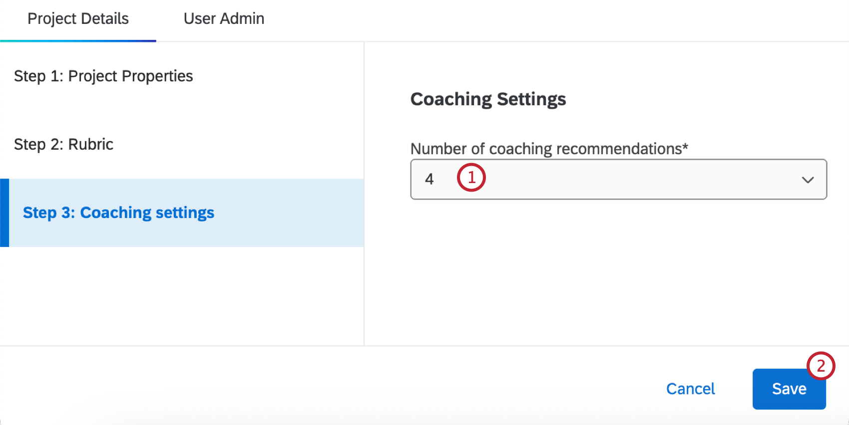 modifica delle impostazioni di coaching allinterno del progetto