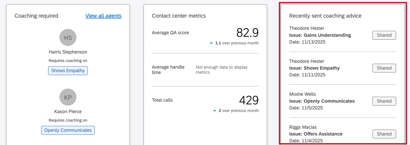 recently sent coaching advice widget