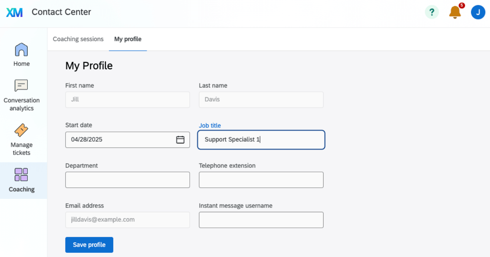 la sezione del mio profilo nellapp di customer care per un agente