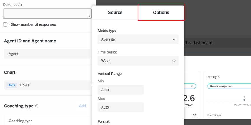 longlet des options pour la source du graphique