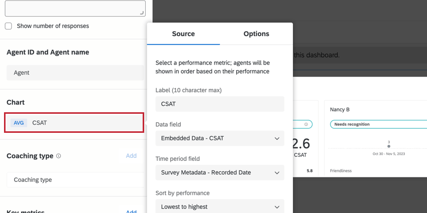 El campo de origen del gráfico al editar el widget