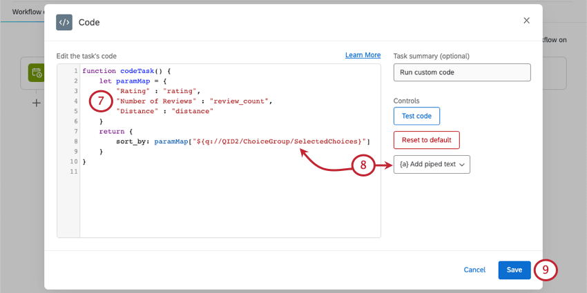inserting piped text into the code task