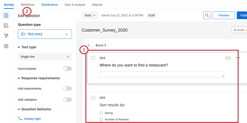 creating the survey and navigating to workflows