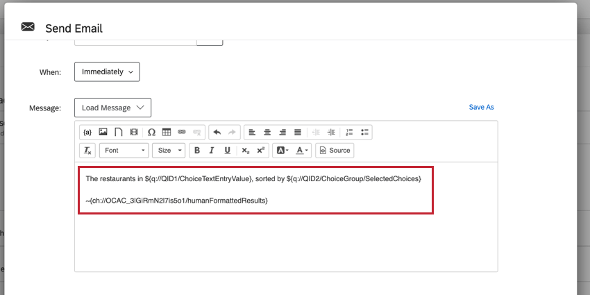 den E-Mail-Editor mit dem dynamischer Text zur Anzeige der Ergebnisse der Aktion