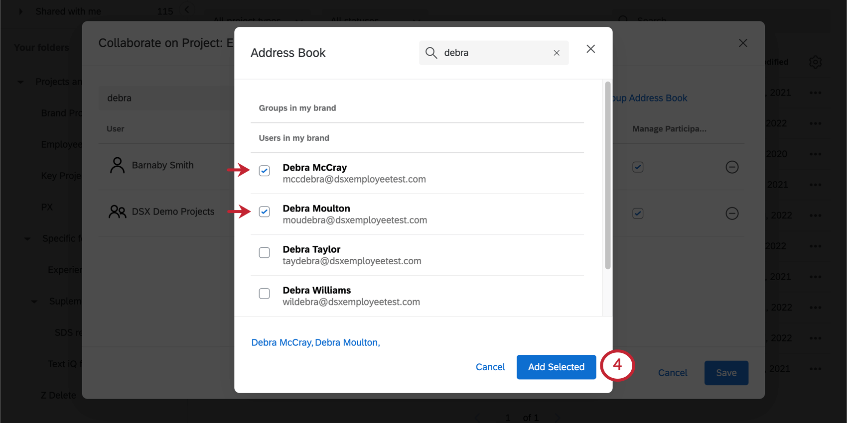 Overview of the Address Book with Groups and Users listed and the Add Selected button
