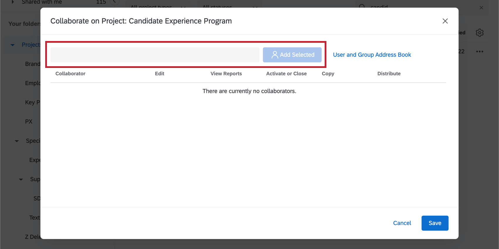 Email entered into the Share Project Menu text box with the Add Button
