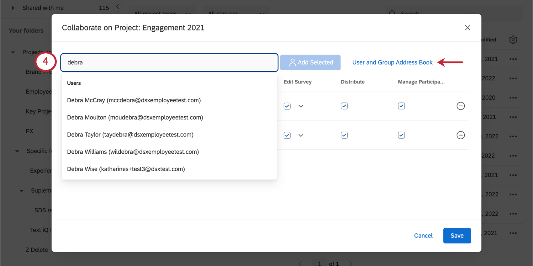 the user and group address book option when sharing a project