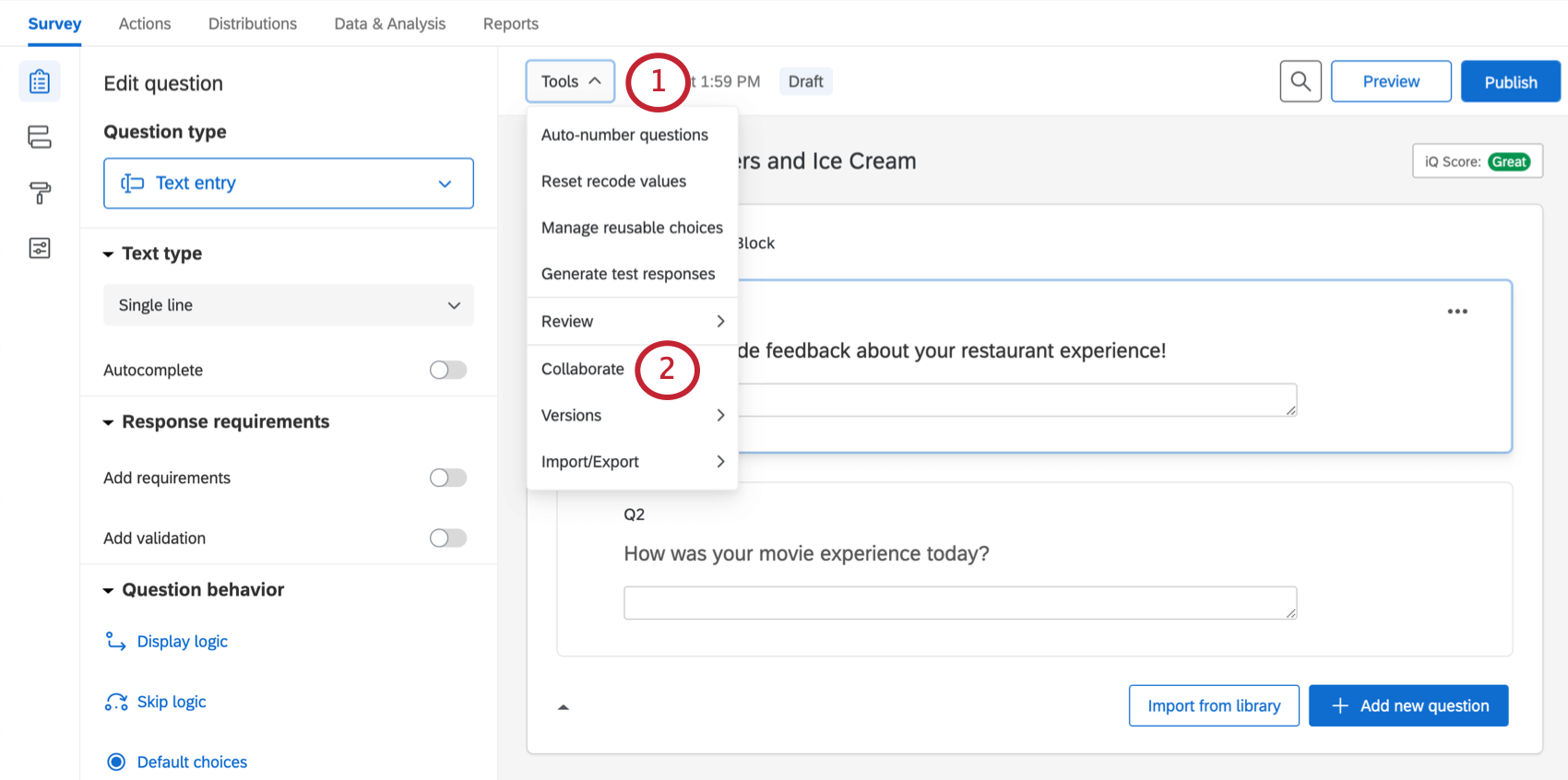 Opening the tools menu and finding the collaborate option two down