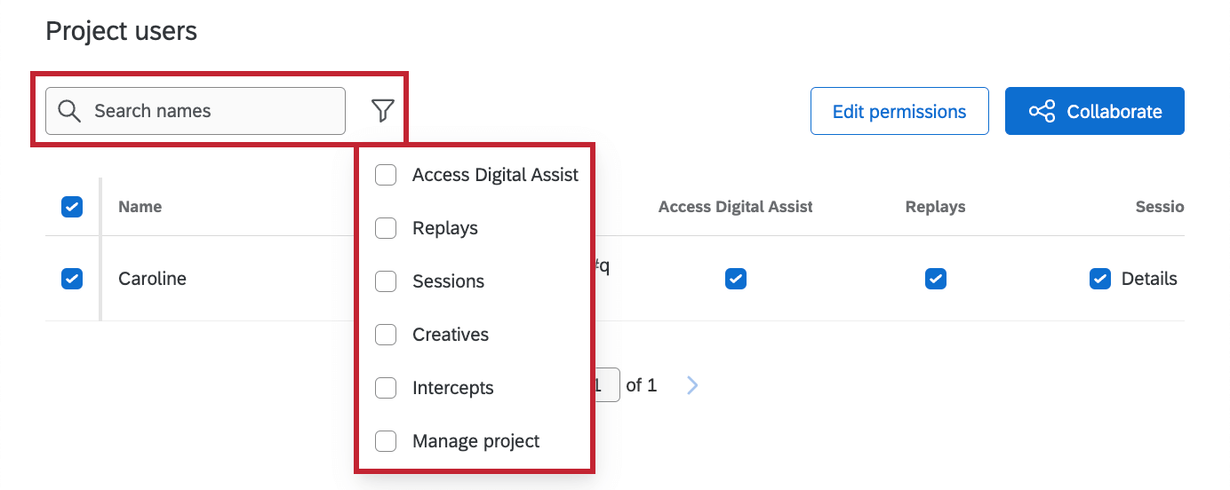 filter button to filter by user permissions