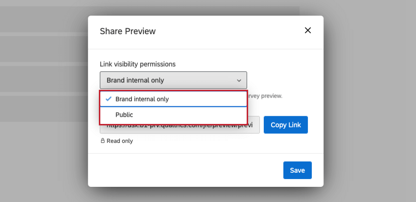 Dropdown, um auszuwählen, ob Ihr Vorschau-Link nur nach Ihrer Instanz oder öffentlich sichtbar sein soll