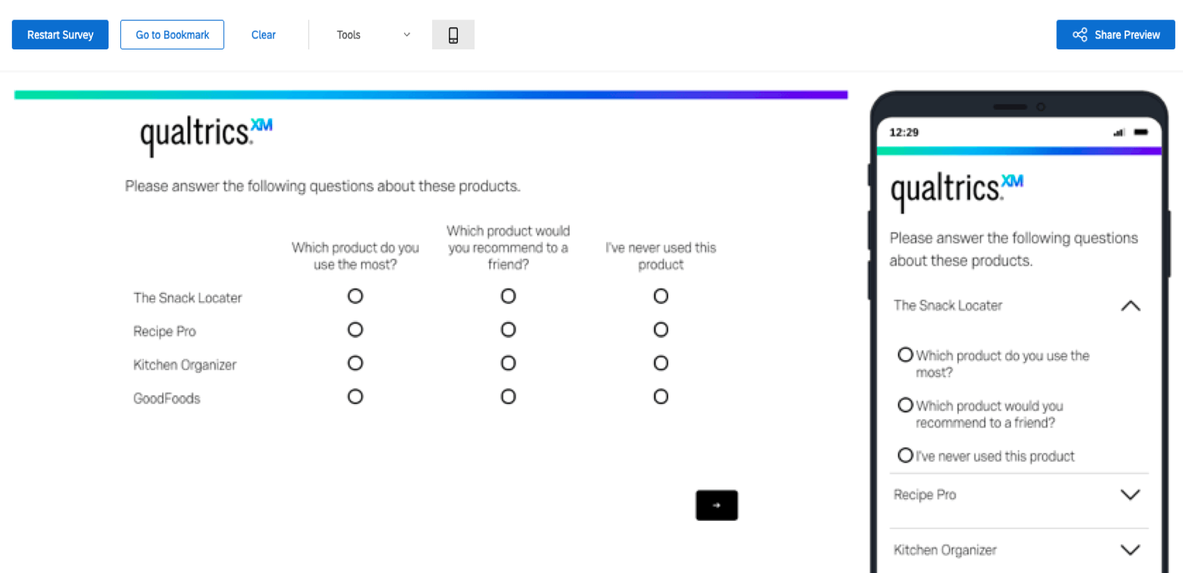 Mobile preview of a survey